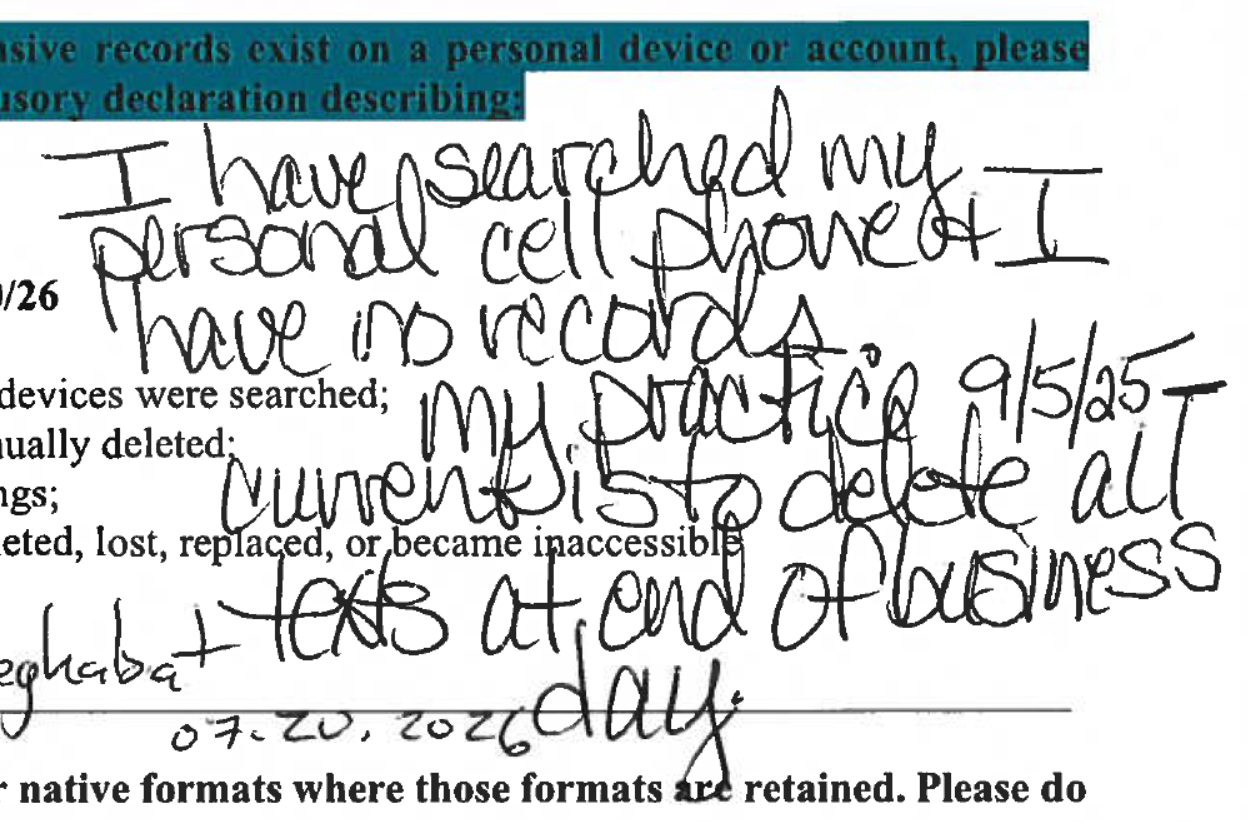 Fred Neghabat handwritten statement about deleting text messages