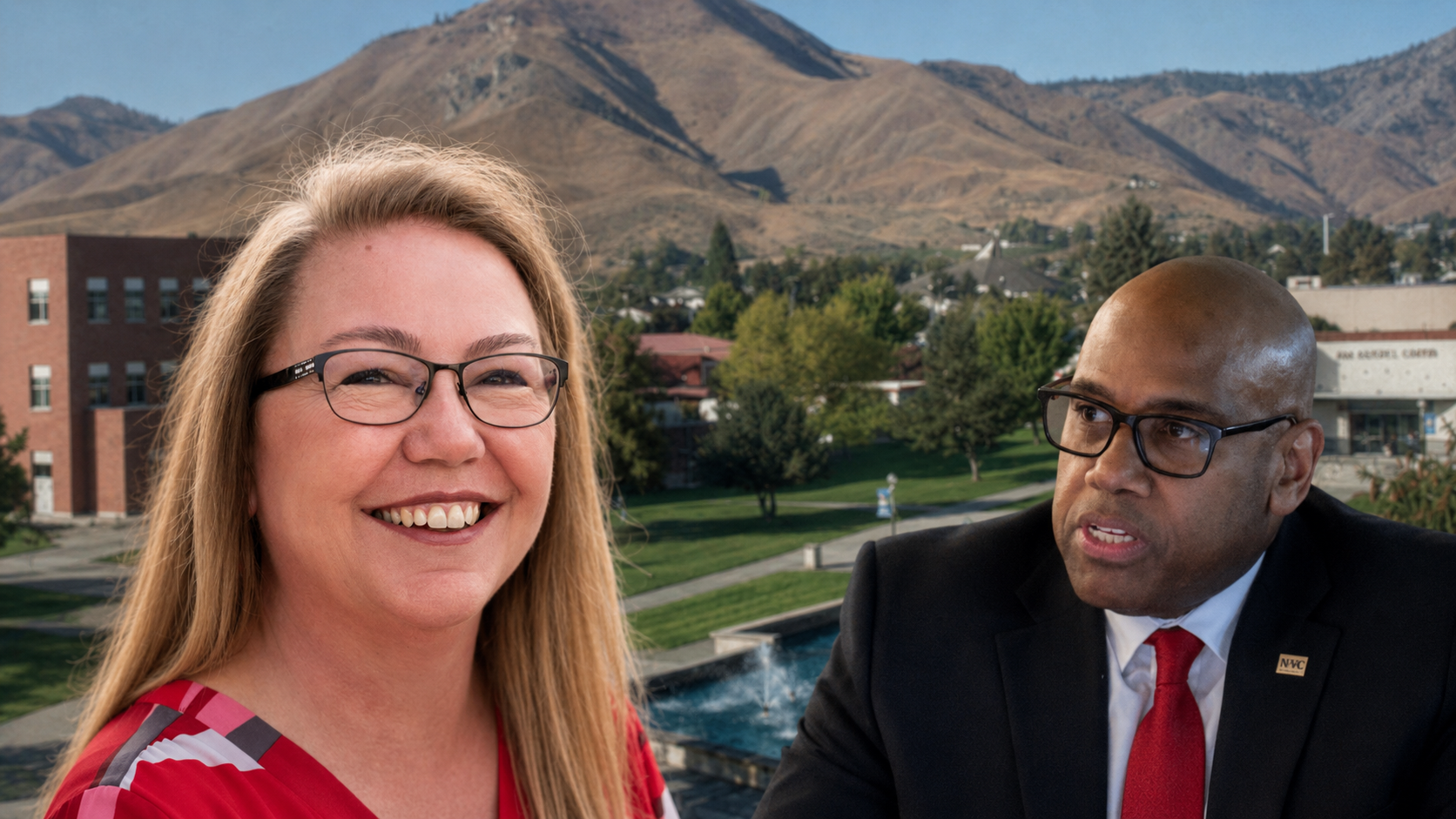 Lisa Harger and WVC President Dr. Faimous Harrison with the Wenatchee Valley College campus